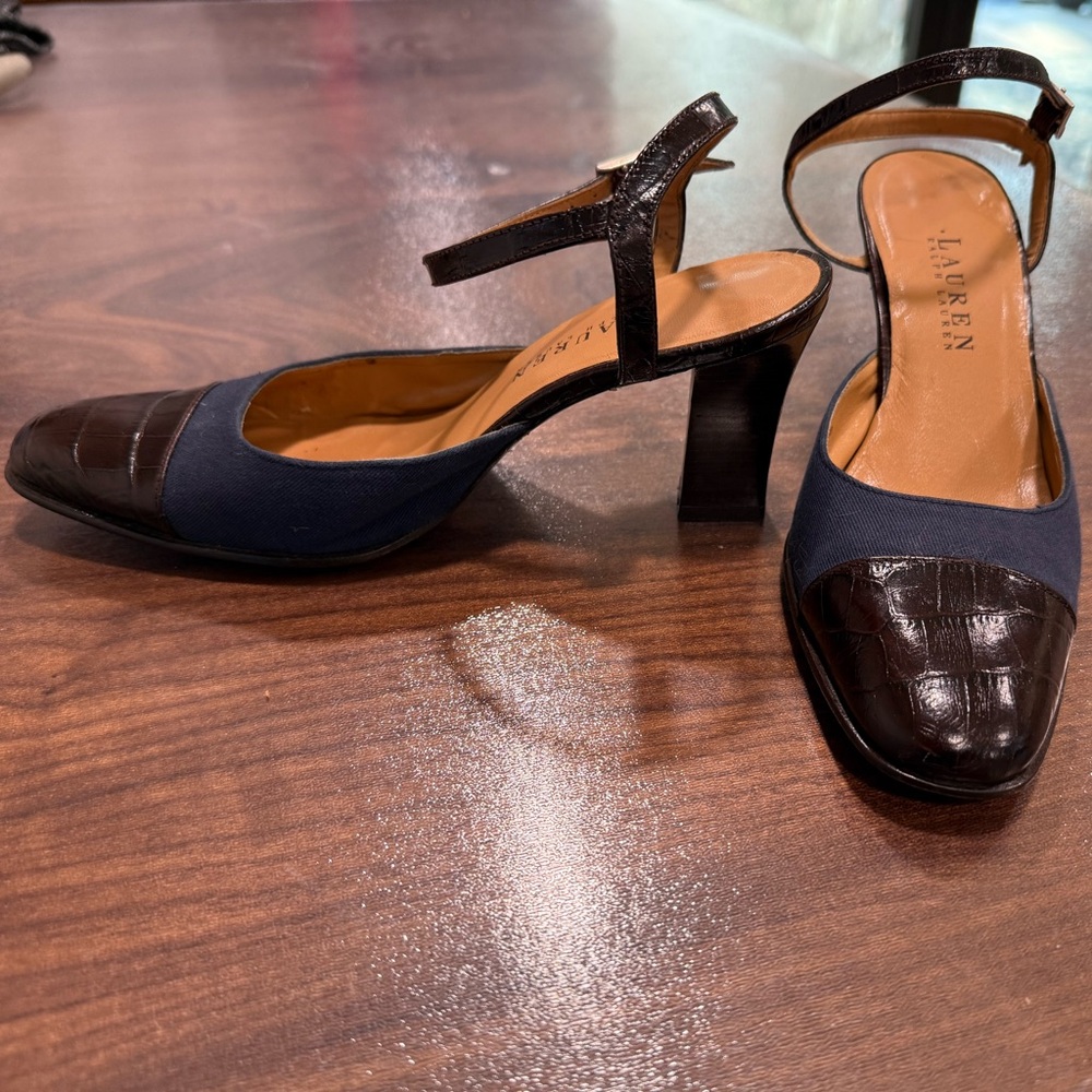 Ralph Lauren sz7 Navy canvas and Brown leather ankle strap Women's Heels